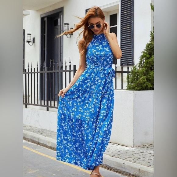 NWT Women’s Halter neck, Maxi layer dress in blue and Flora with leaf dot print - Picture 2 of 6
